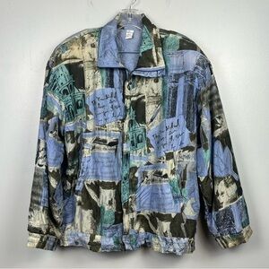 Vintage Carte 100% silk blue beige abstract zip front jacket, size large.